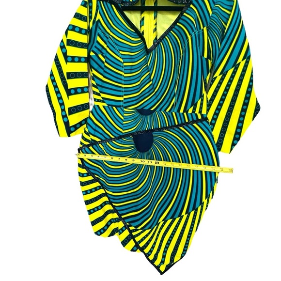 Asymmetrical African Print Yellow & Blue Long Sleeve Dress with Front Cutout - Picture 8 of 9